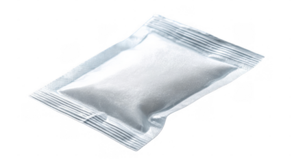 White powder of oral rehydration salts, also known as ors, packed in a transparent plastic sachet, providing essential electrolytes for dehydration treatment, isolated on a transparent background