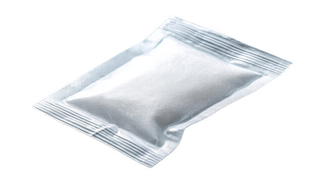White powder of oral rehydration salts, also known as ors, packed in a transparent plastic sachet, providing essential electrolytes for dehydration treatment, isolated on a transparent background