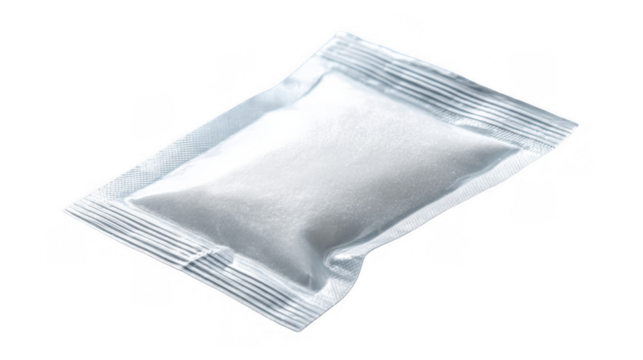 White powder of oral rehydration salts, also known as ors, packed in a transparent plastic sachet, providing essential electrolytes for dehydration treatment, isolated on a transparent background