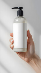 Hand holding a shampoo bottle mockup with blank white label.