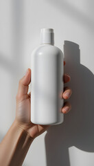 Hand holding a shampoo bottle mockup with blank white label.