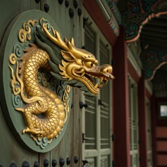 Obraz premium Golden Dragon Carving on Ancient Temple Door in Korea: Intricate Details and Cultural Heritage