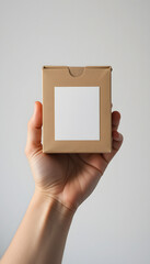 A hand holding box mockup with blank white sticker.