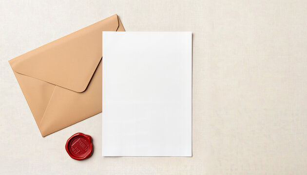 Envelope and blank paper with wax seal on neutral background