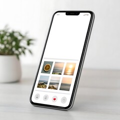 A smartphone displaying a photo gallery interface with multiple images and icons, standing upright on a light-colored surface with a blurred plant in the background.