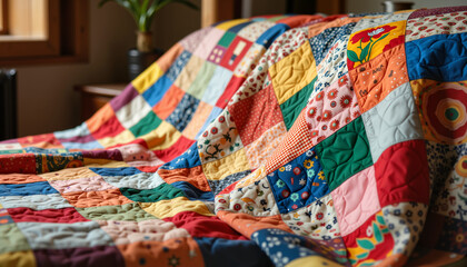 Colorful patchwork quilt draped over a chair in a cozy room
