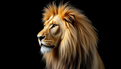Naklejka premium Majestic lion portrait, side profile, regal pose, golden mane flowing