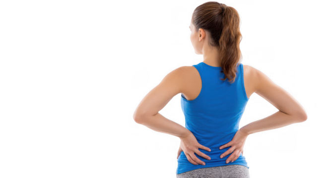 Young sportswoman holding her hands on her back, experiencing discomfort from backache after an intense workout, isolated against a transparent background