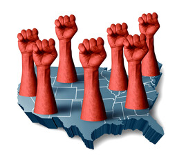 Protests In America and US Protest as American people protesting as upset angry protesters fists up in the air protesting as diverse community members in a social revolution or political protests.