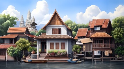 Obraz premium Charming Asian Houses on River Canal Waterfront Scenic View with Temple