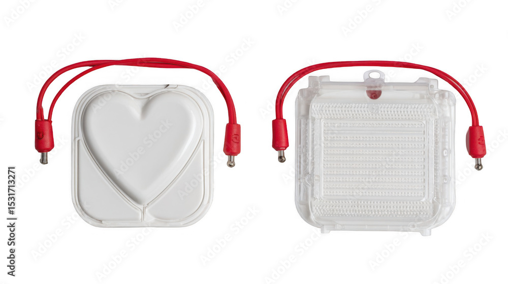 Poster two defibrillator pads are displayed, one showing the front with a heart shape and the other showing
