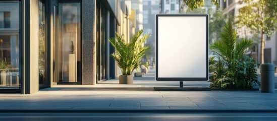 Empty billboard in urban setting with shops and greenery