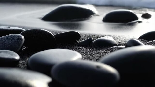 Black pebbles and ocean waves gently washing over the surface on a rocky beach, low angle close-up showing the texture of the stones and water.