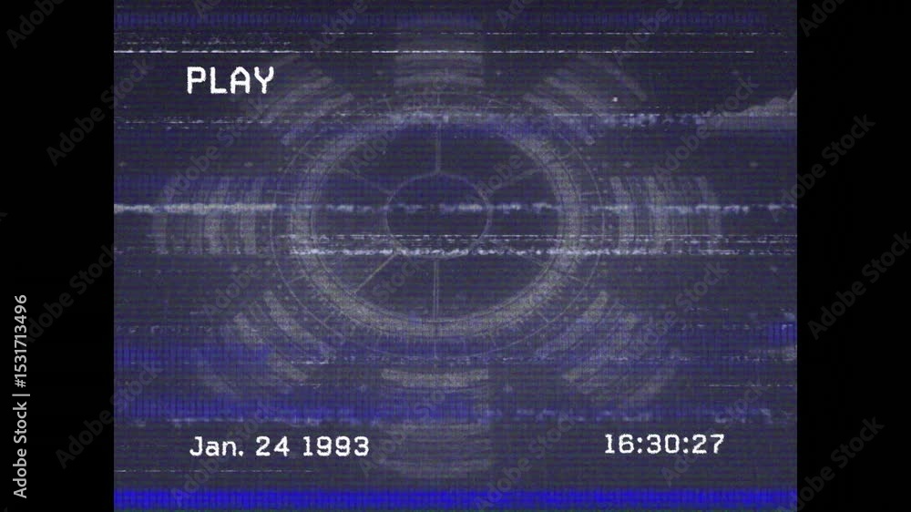 Poster play icon appearing over circle, timestamp counting each second and bands shifting for vhs effect