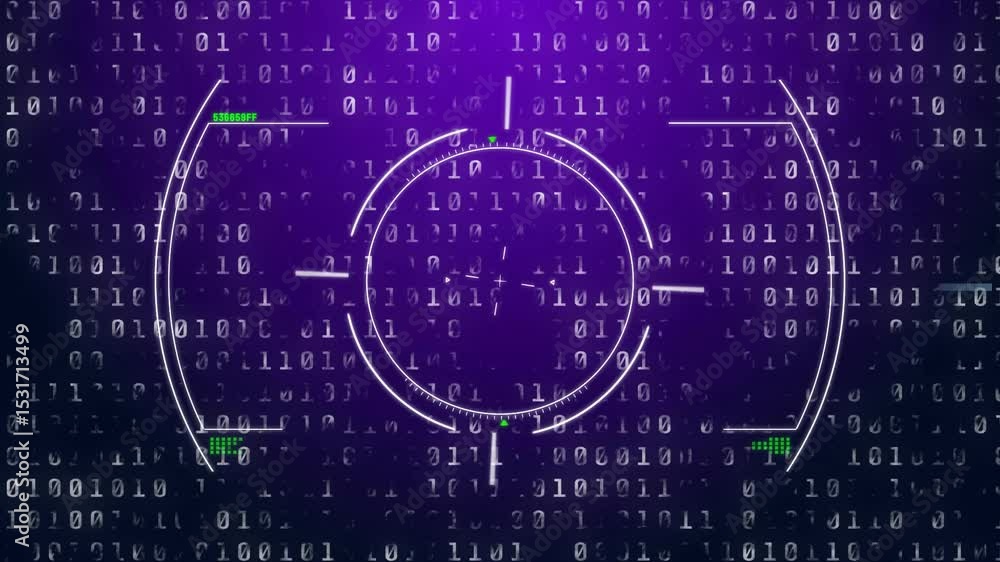 Poster HUD streaming binary bits activating pulsing circle forming rotating magenta rings and violet burst