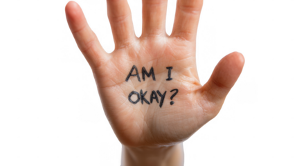Open hand displays the handwritten question am i okay on the palm against a transparent background, conveying uncertainty and a plea for reassurance about one's well being