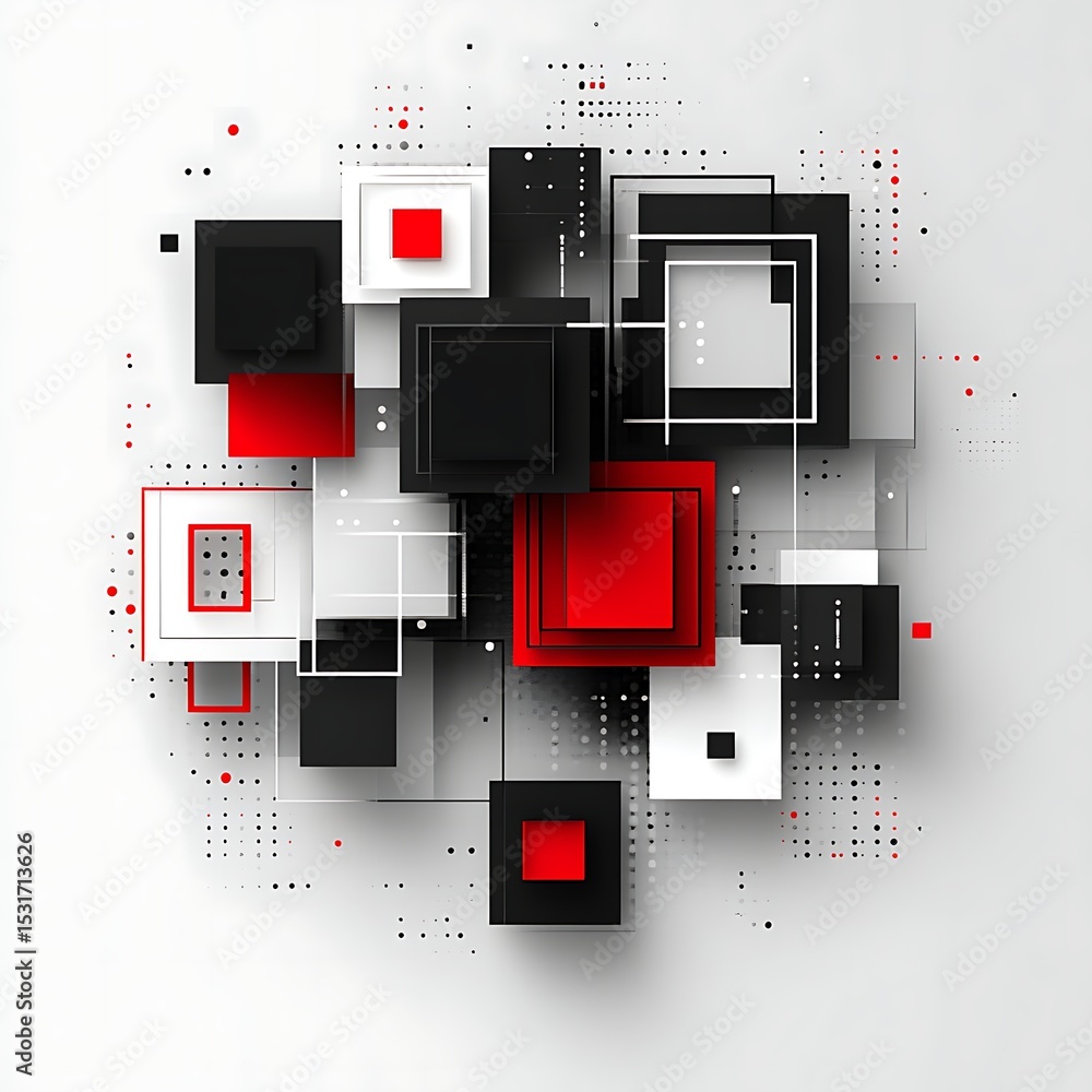 Poster abstract geometric composition of overlapping squares in black, red, and white. complex, layered des