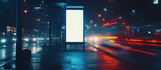 Blank Billboard at Night Bus Stop