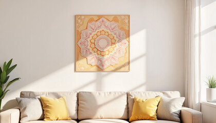 Decorative mandala artwork on wall above modern sofa