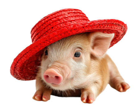 Cute baby pig wearing vibrant red hat, isolated transparency background, exuding charm and playfulness. This adorable animal captures attention with its delightful expression and unique accessory