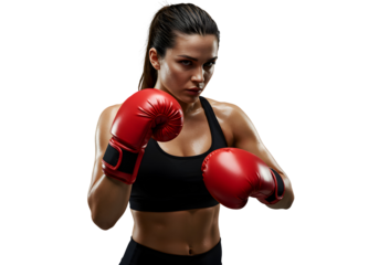 Strong Woman Boxer Fitness Sport with Red Boxing Gloves