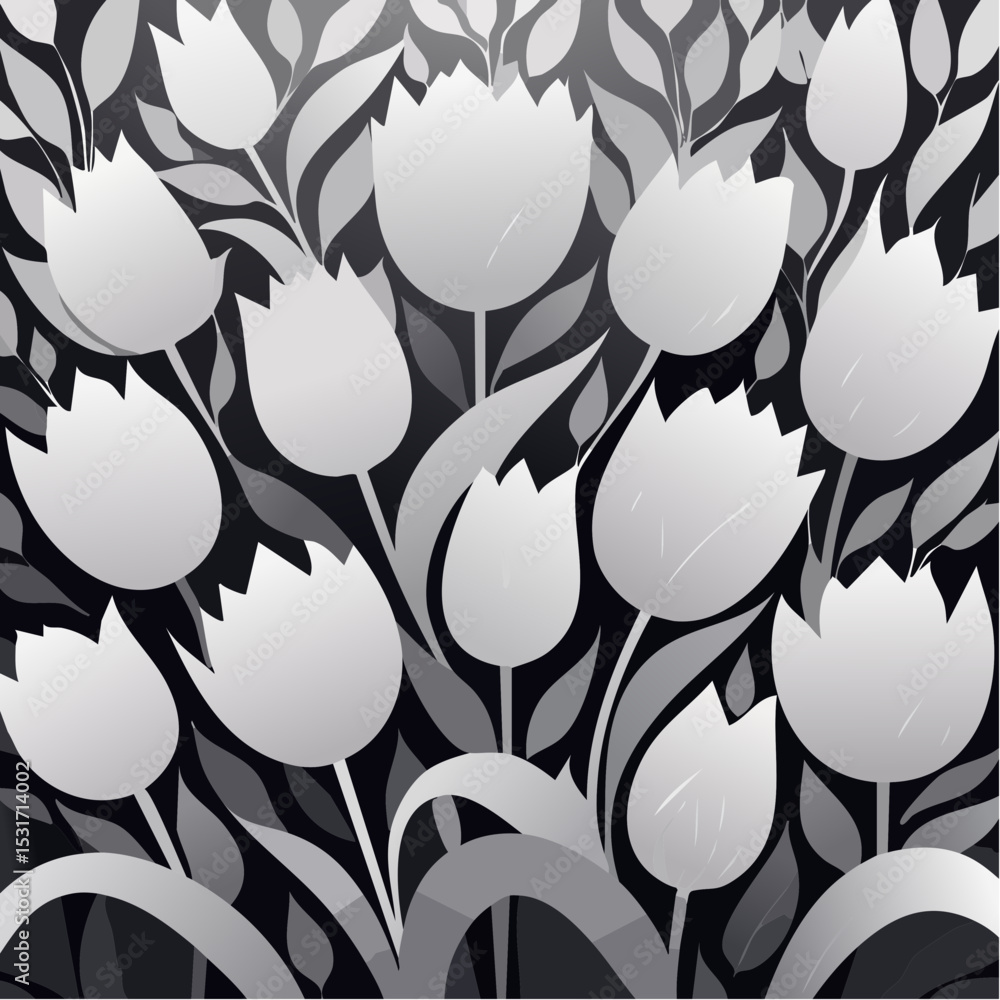 Poster artistic grayscale floral illustration featuring stylized tulip flowers and leaves arranged in a vis