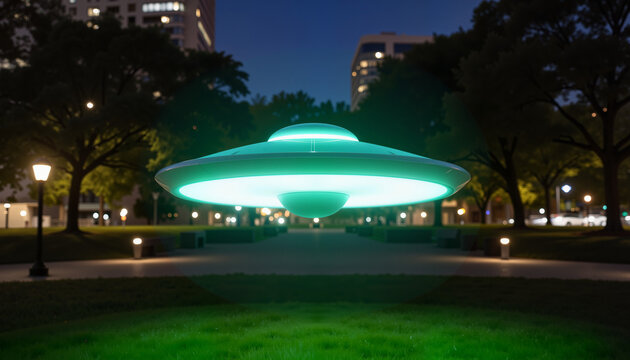 UFO hovering above green park at night