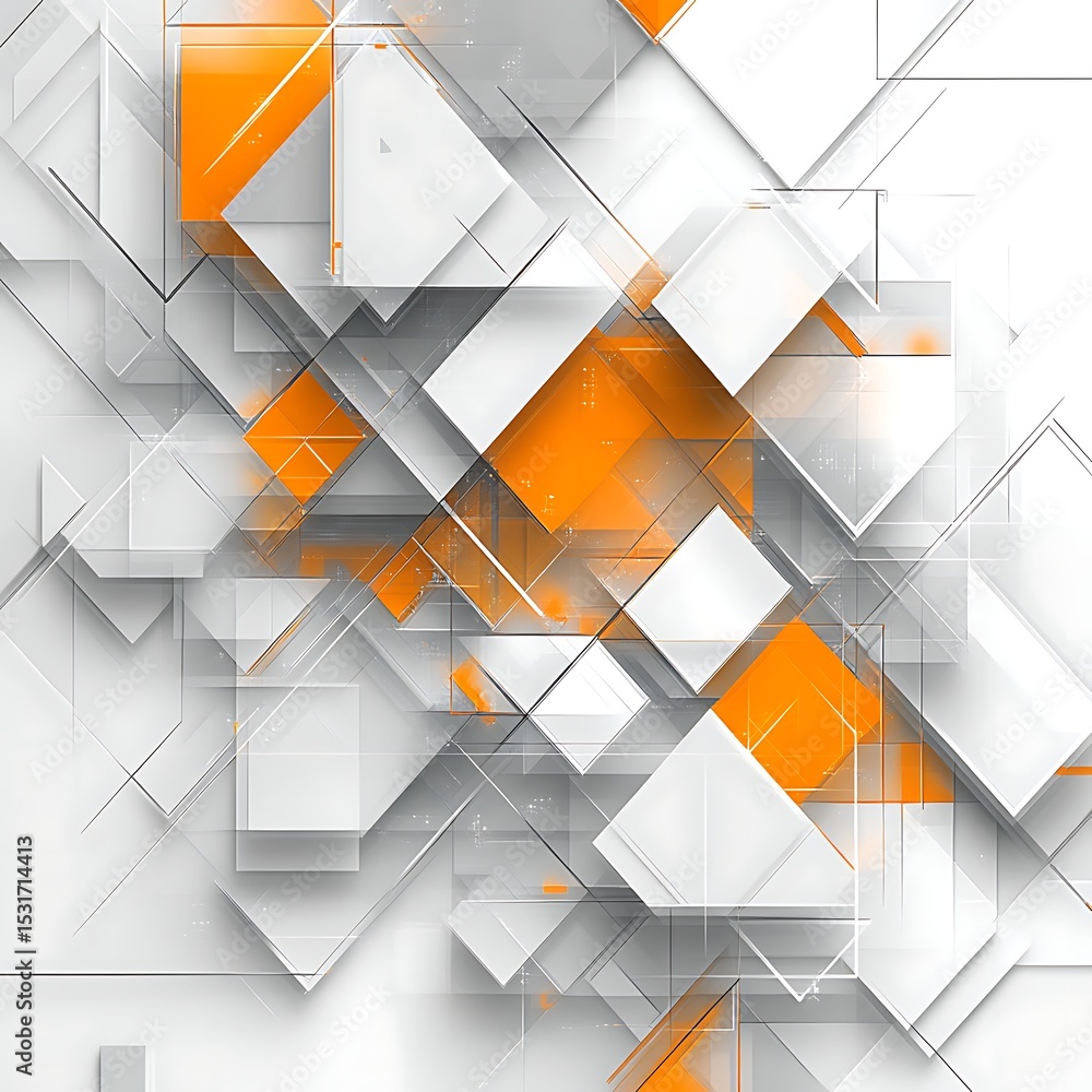 Poster abstract geometric design with overlapping squares and triangles in bright white and orange. complex