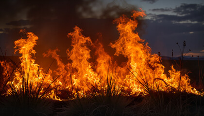 Flames rising from grassland at dusk