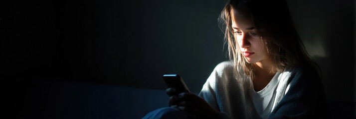 Teen in Shadow Reading Hateful Comments on Phone Screen While Sitting Quietly in a Dim Room at Night