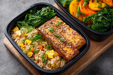 Healthy meal prep with egg fried rice, baked tofu, and sauteed greens