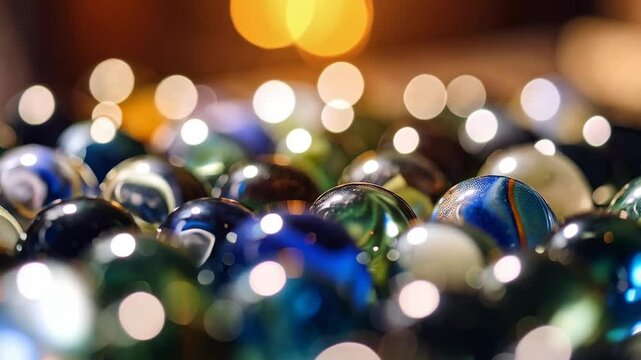 Close-up view of a collection of colorful glass marbles reflecting light creating an abstract pattern background with beautiful bokeh
