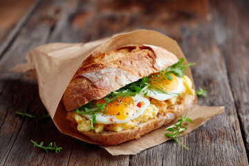 Delicious egg sandwich wrapped in paper on rustic wooden table, perfect for breakfast or brunch