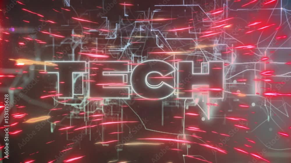 Poster backdrop flicker sending red streaks across circuit into tech, pulsing glow, revealing text