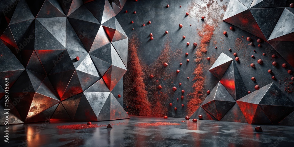 Wall mural abstract metallic polygonal structures with red powder and spheres in a dark setting