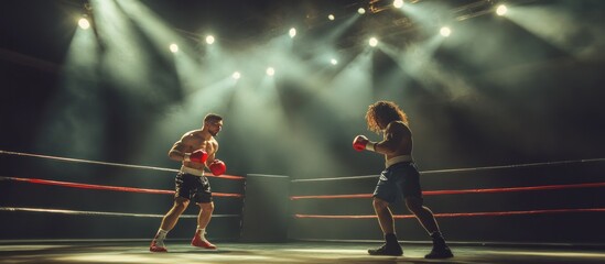 Boxing match in arena spotlight, fighters facing off