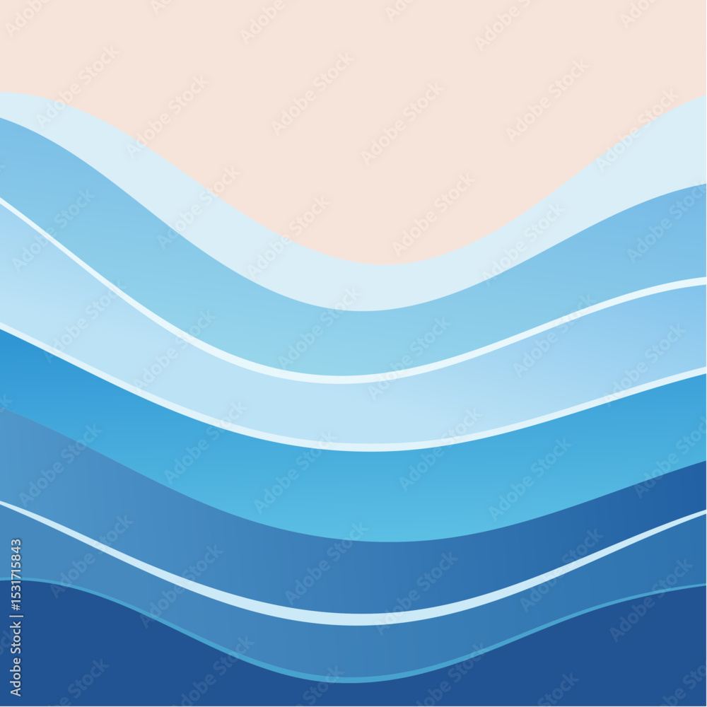 Poster abstract illustration featuring layered wavy blue shapes with white outlines and a soft peach backgr