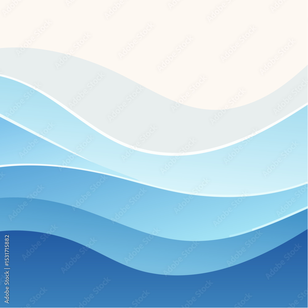 Poster abstract illustration of layered blue waves with white highlights creating a calming and serene back