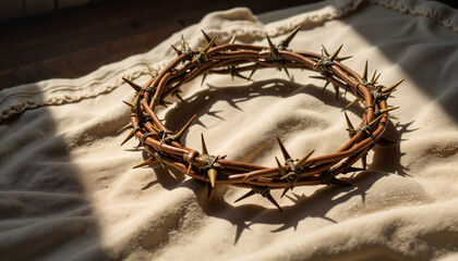 Fototapeta premium Crown of thorns on soft fabric background
