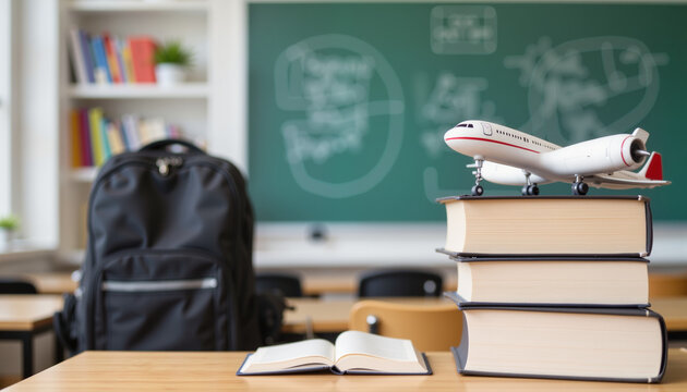 Model airplane on stacked books in classroom