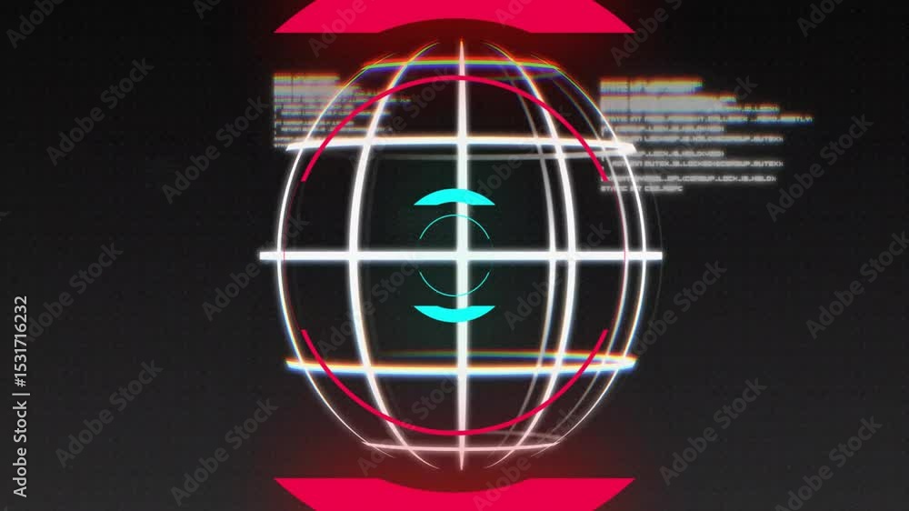 Poster globe forming triggers red glitching panels as teal ring pulsing around code to highlight core