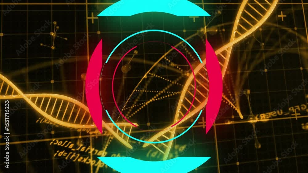 Poster starting interface showing rotating golden dna helix being targeted by colored markers for analysis