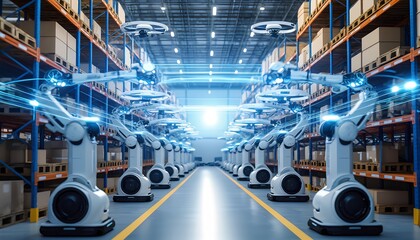 Industrial robots working efficiently in a modern warehouse environment  