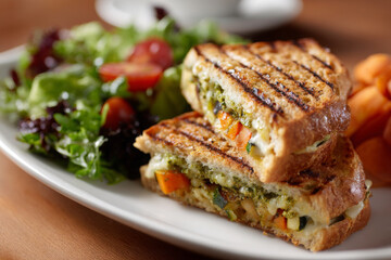 Delicious grilled vegetable panini with cheese and pesto, served with fresh salad and fruit