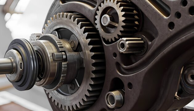 Mechanical gears and engine parts assembled in industrial equipment  