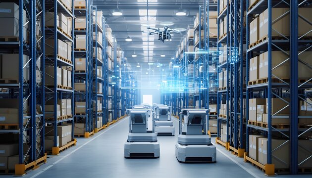 Automated warehouse with delivery robots and drone in modern facility   - Powered by Adobe
