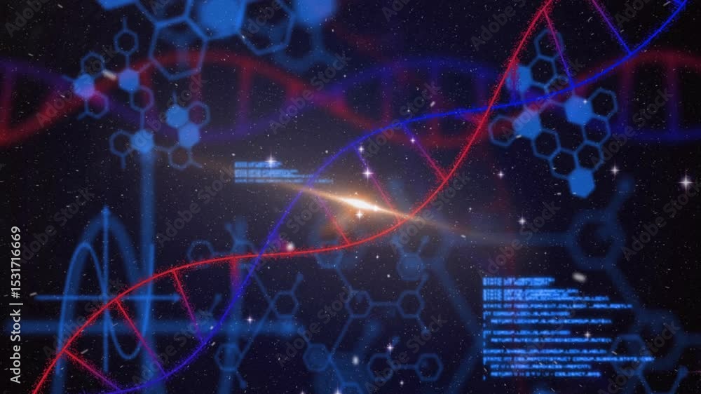 Poster starting with starfield hexagons, rising dual color helix scrolling code flaring light showing data