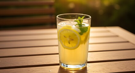 Refreshing lemonade with ice and mint served in a glass on an outdoor table under summer sunlight