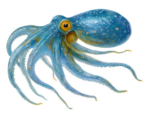 Vibrant blue octopus with long, flowing tentacles gracefully swims through water, showcasing its intricate patterns and textures. This marine creature embodies beauty and mystery of ocean life