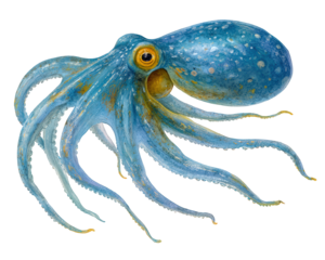Vibrant blue octopus with long, flowing tentacles gracefully swims through water, showcasing its intricate patterns and textures. This marine creature embodies beauty and mystery of ocean life